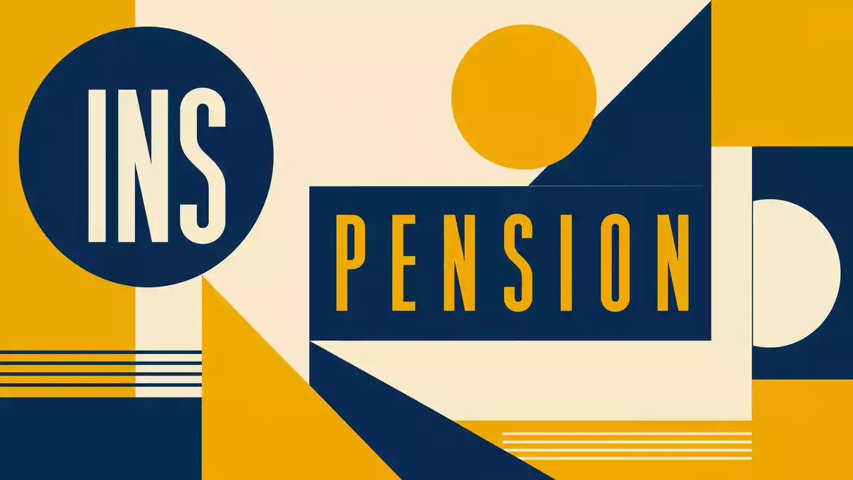 Geometrisches Bauhaus-Poster mit Text INS und PENSION in Marineblau und Senfgelb