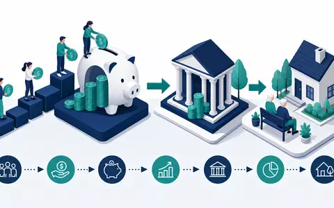 Isometrische 3D-Grafik der Rentenwertschöpfungskette repräsentiert das Geschäftsmodell von Phoenix Group Holdings plc, ISIN GB00BF8Q6K64 - Foto: THN
