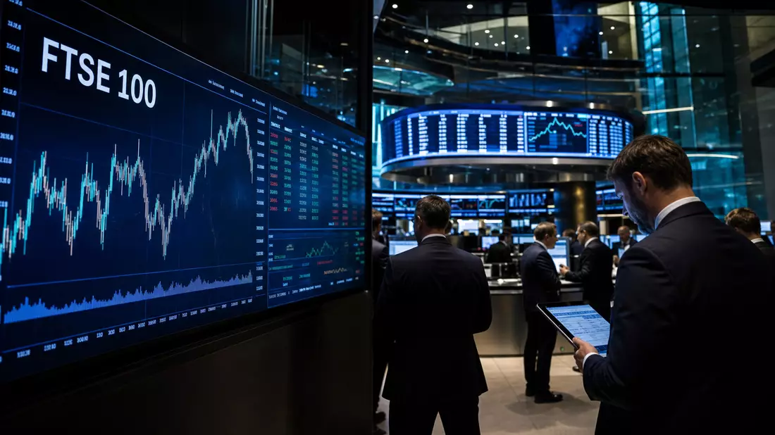 Trading-Floor-Szene mit FTSE-100-Kurscharts und Händlern vor großen Bildschirmen