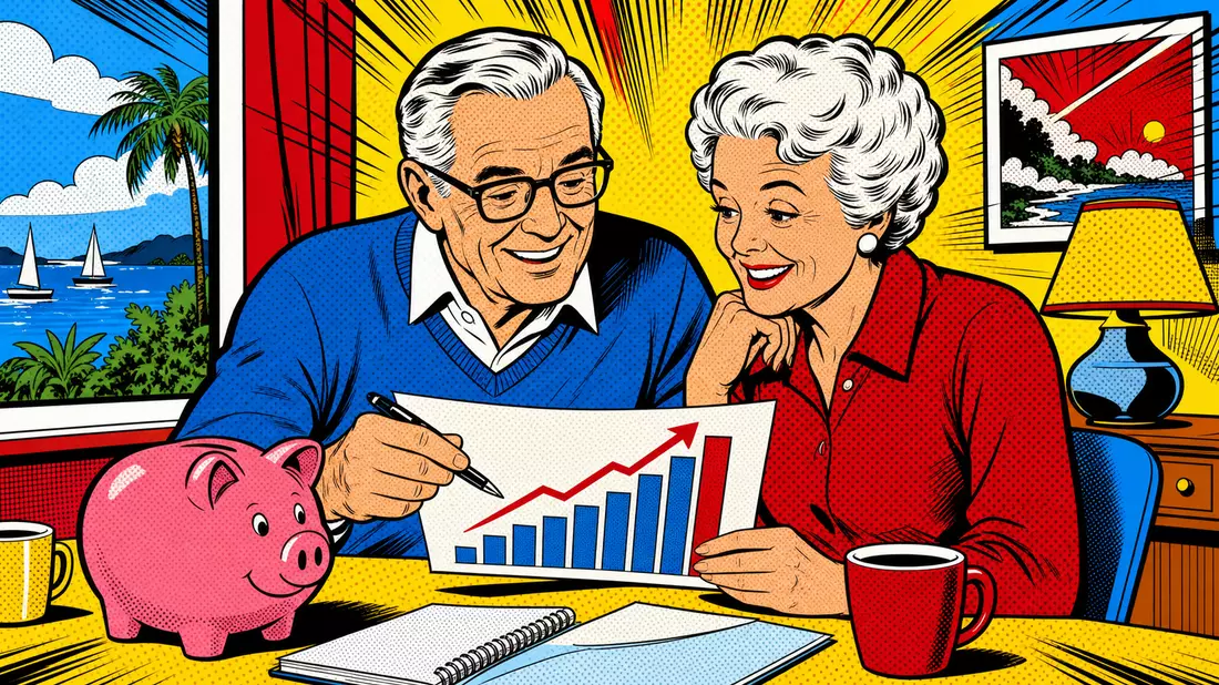 Bunte Comic-Illustration eines lächelnden Rentnerpaares mit Sparschwein und Wachstumschart