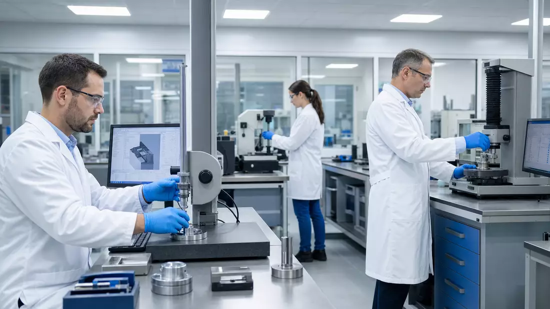 Techniker prüfen Bauteile mit Präzisionsmessgeräten in modernem Prüflabor