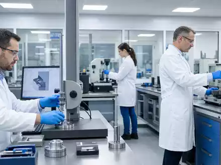 Intertek Group plc GB0031638363 zeigt fotorealistisches Prüflabor mit Technikern an Präzisionsmessgeräten für Qualitätssicherung heute - Foto: THN