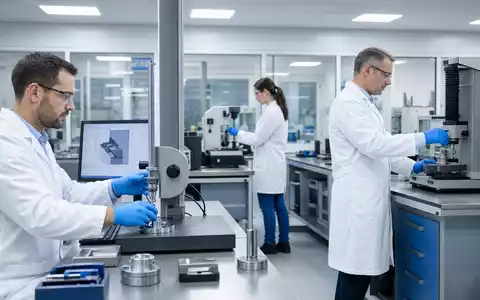 Intertek Group plc GB0031638363 zeigt fotorealistisches Prüflabor mit Technikern an Präzisionsmessgeräten für Qualitätssicherung heute - Foto: THN