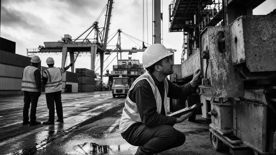 Schwarzweiß-Reportagefoto eines Inspektors bei Ausrüstungskontrolle im Hafen