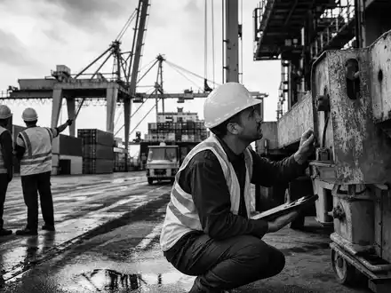 Intertek Group plc GB0031638363 dargestellt als dokumentarische Schwarzweiß-Reportage eines Inspektors bei Hafenanlagen-Kontrolle - Foto: THN