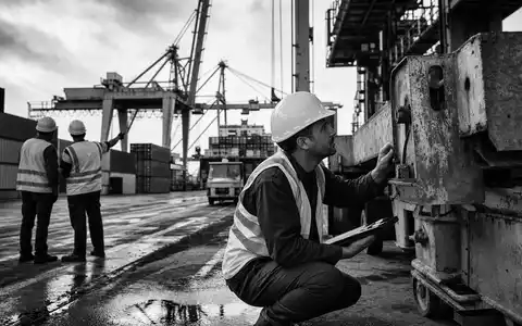 Intertek Group plc GB0031638363 dargestellt als dokumentarische Schwarzweiß-Reportage eines Inspektors bei Hafenanlagen-Kontrolle - Foto: THN