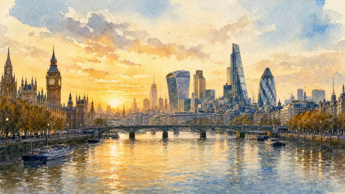 Aquarellmalerei der Londoner Skyline mit Themse bei goldenem Abendlicht