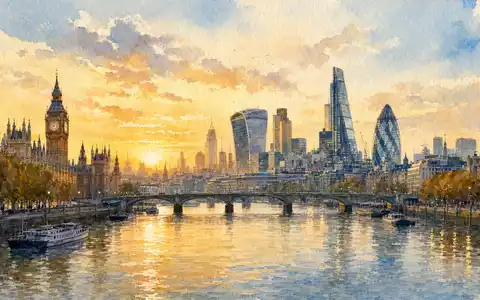 Intertek Group plc GB0031638363 illustriert als stimmungsvolles Aquarellgemälde der Londoner Skyline entlang der Themse - Foto: THN