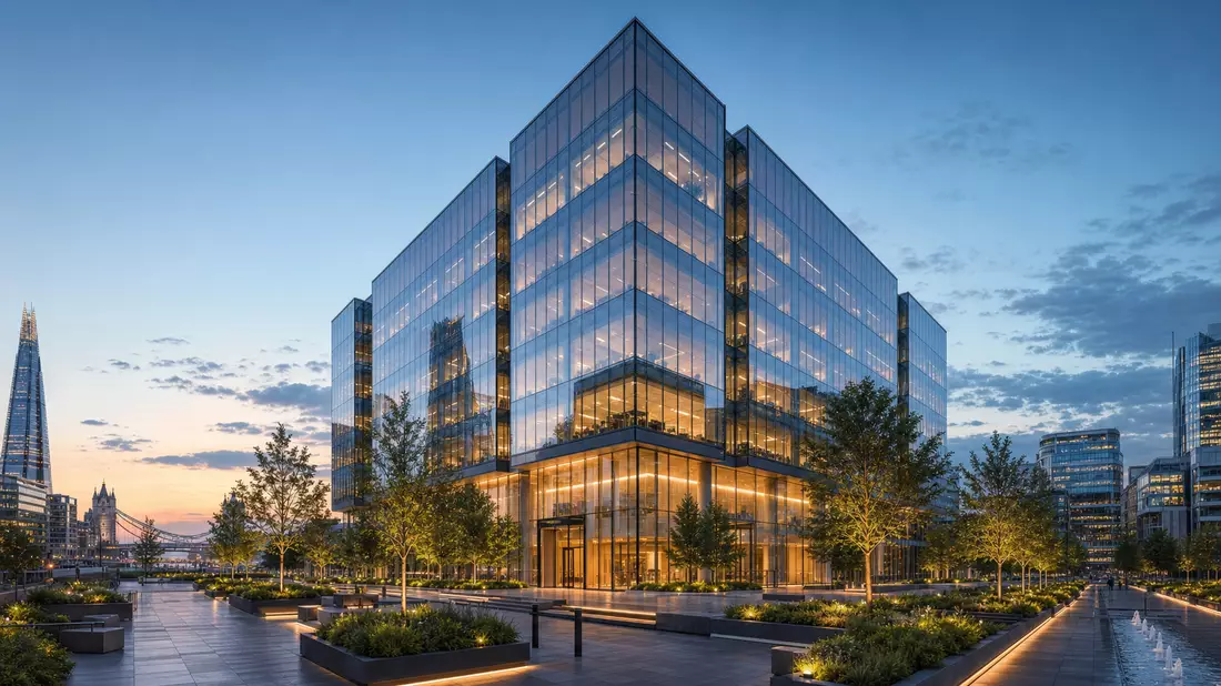 Architektonisches Render eines modernen Glasbürogebäudes in London bei Dämmerung