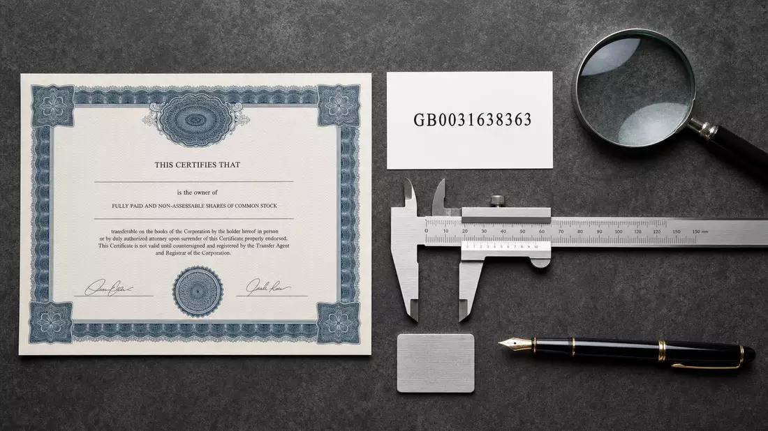 Flatlay mit Aktienzertifikat, ISIN-Karte GB0031638363, Messschieber und Lupe