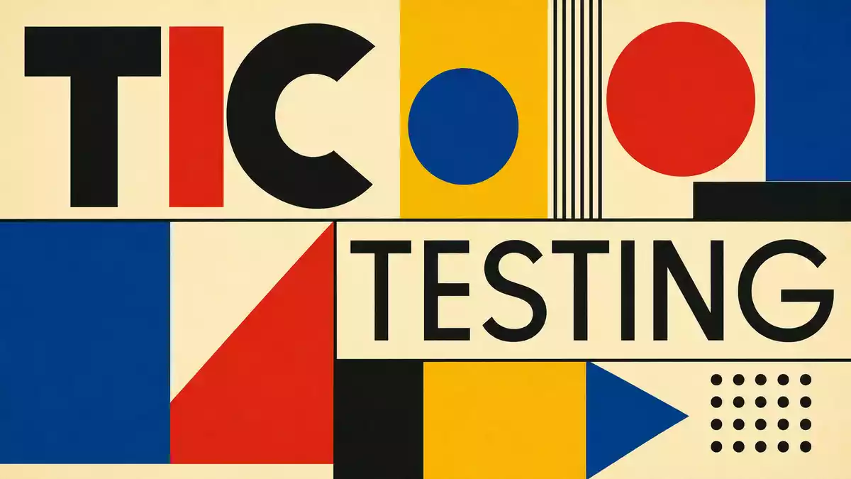 Geometrisches Bauhaus-Poster mit bunten Formen und den Wörtern TIC TESTING