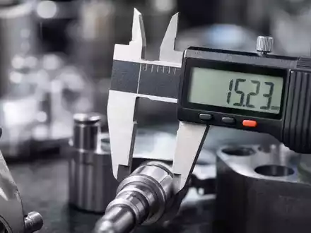 Intertek Group plc GB0031638363 gezeigt in extremer Makroaufnahme eines digitalen Messschiebers an Metallbauteil - Foto: THN