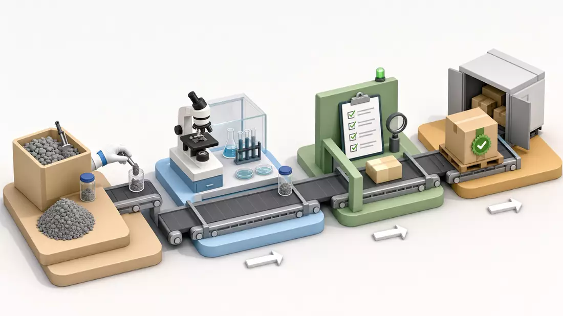 Isometrische 3D-Grafik einer Prüf- und Zertifizierungs-Prozesskette mit Laborstation