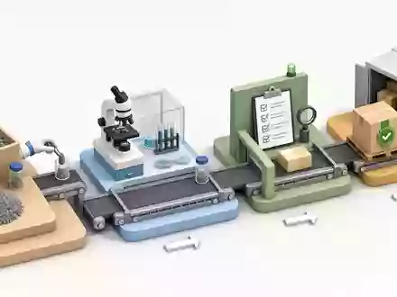 Intertek Group plc GB0031638363 dargestellt als isometrisches 3D-Diagramm der Qualitätsprüfungs-Wertschöpfungskette von Probe bis Zertifikat - Foto: THN