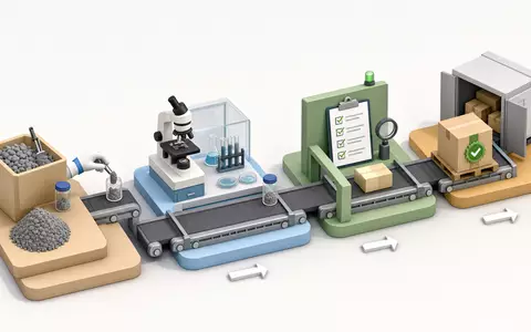 Intertek Group plc GB0031638363 dargestellt als isometrisches 3D-Diagramm der Qualitätsprüfungs-Wertschöpfungskette von Probe bis Zertifikat - Foto: THN