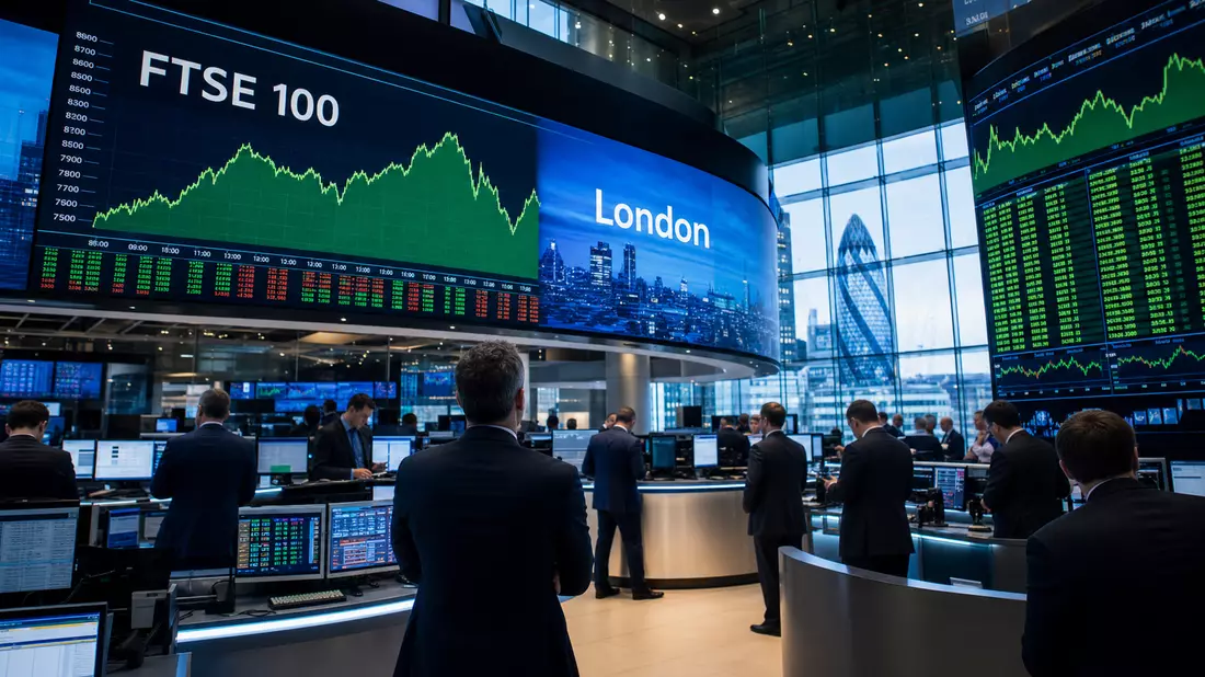 Trading-Floor mit Bildschirmen zu FTSE 100 Kursdaten und Londoner Skyline