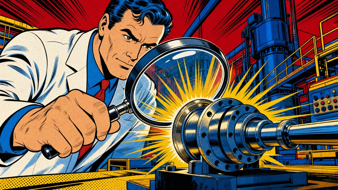 Pop-Art-Comic mit Inspektor und Lupe vor leuchtendem Industriebauteil