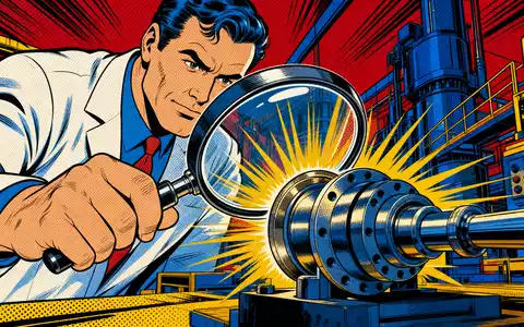 Intertek Group plc GB0031638363 interpretiert als farbenfrohe Pop-Art-Comicszene eines Inspektors mit leuchtender Lupe an Bauteil - Foto: THN