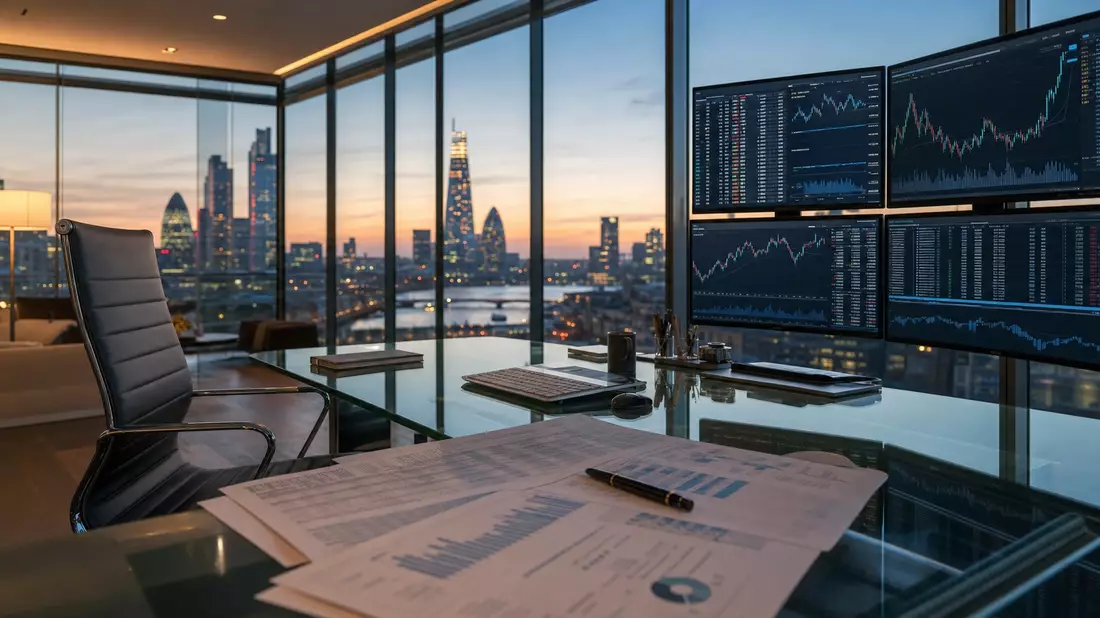Modernes Finanzbüro mit Marktcharts und Londoner Skyline bei Dämmerung