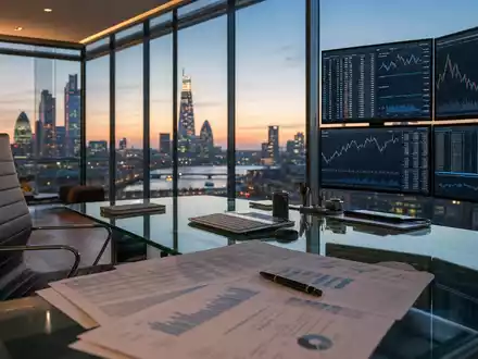 Fotorealistisches Büro symbolisiert Schroders plc mit ISIN GB0007958233 in Londons Finanzviertel mit Marktcharts und Skyline - Foto: THN