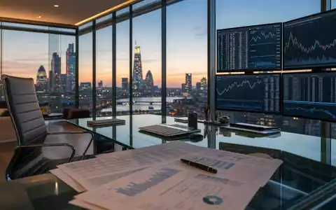 Fotorealistisches Büro symbolisiert Schroders plc mit ISIN GB0007958233 in Londons Finanzviertel mit Marktcharts und Skyline - Foto: THN