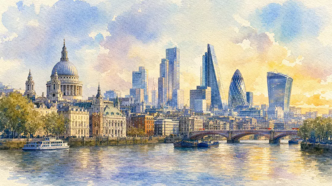 Aquarellmalerei der Londoner Skyline mit Themse und historischen Türmen