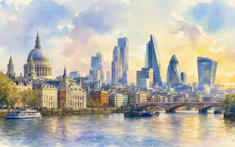 Aquarellansicht der Londoner Skyline entlang der Themse symbolisiert Schroders plc mit ISIN GB0007958233, britischer Vermögensverwalter - Foto: THN