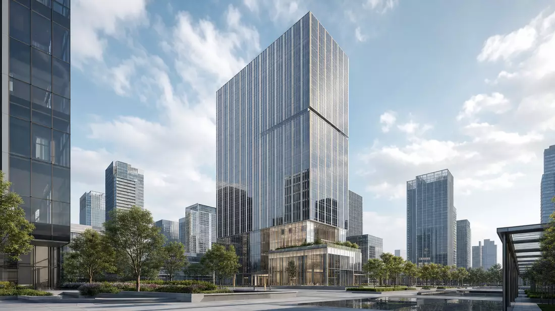 3D-Render eines gläsernen Hochhauses mit Grünanlage im Finanzviertel