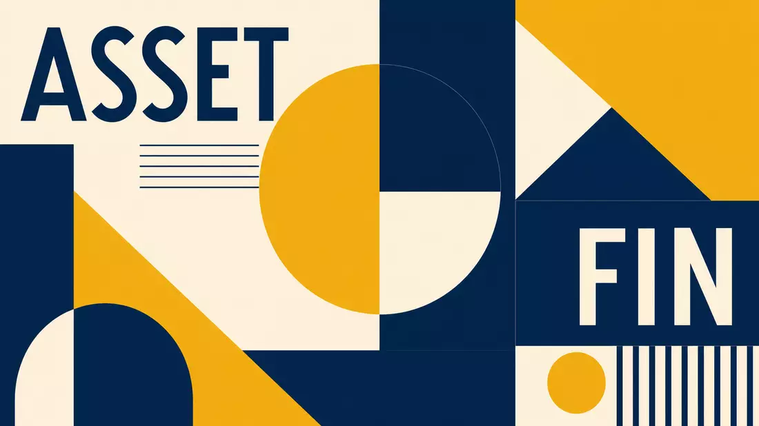 Geometrisches Bauhaus-Poster mit Formen und den Wörtern ASSET und FIN