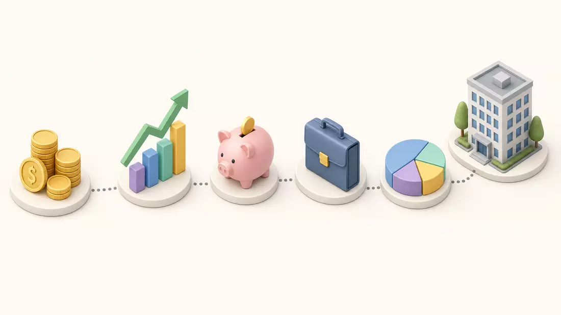 Isometrische Icons zeigen Münzen, Wachstumschart, Sparschwein, Koffer und Gebäude
