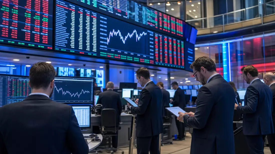 Trading-Floor mit Händlern in Anzügen vor digitalen Kursanzeigen und Charts