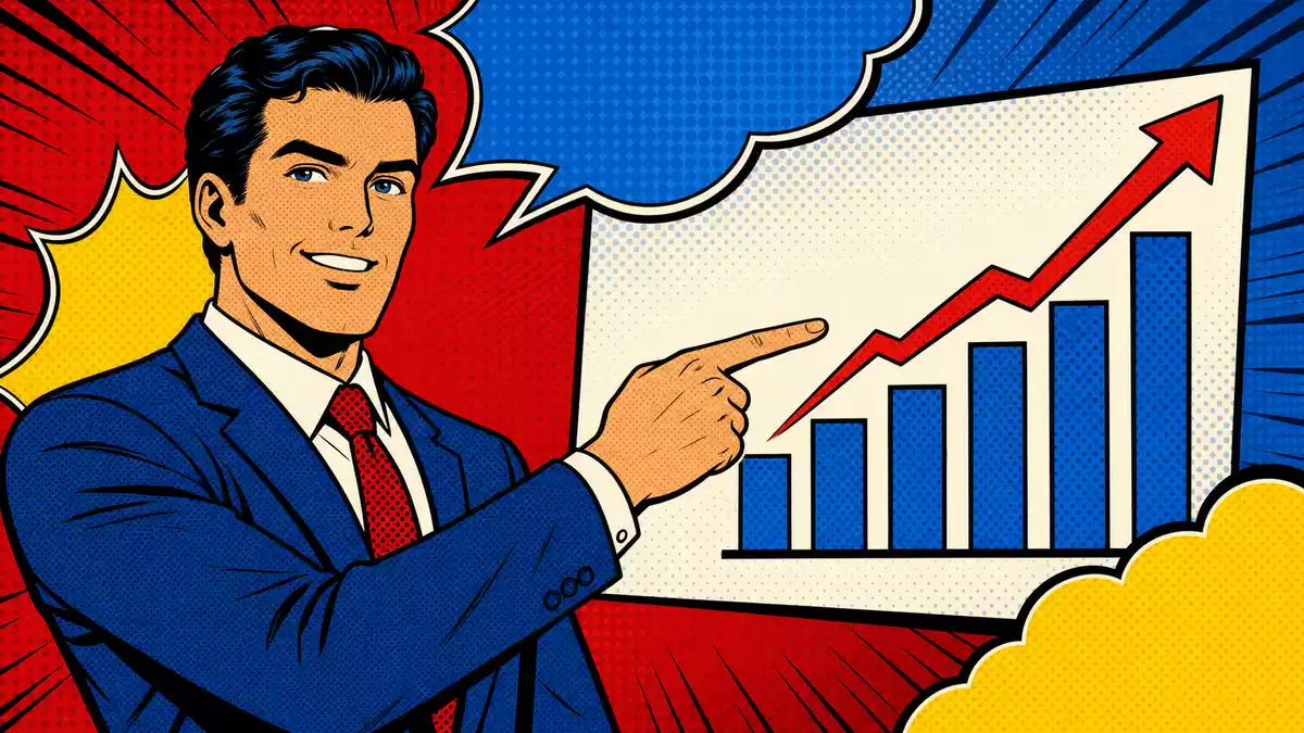 Bunte Pop-Art-Comicfigur im Anzug zeigt lächelnd auf einen Balkenchart