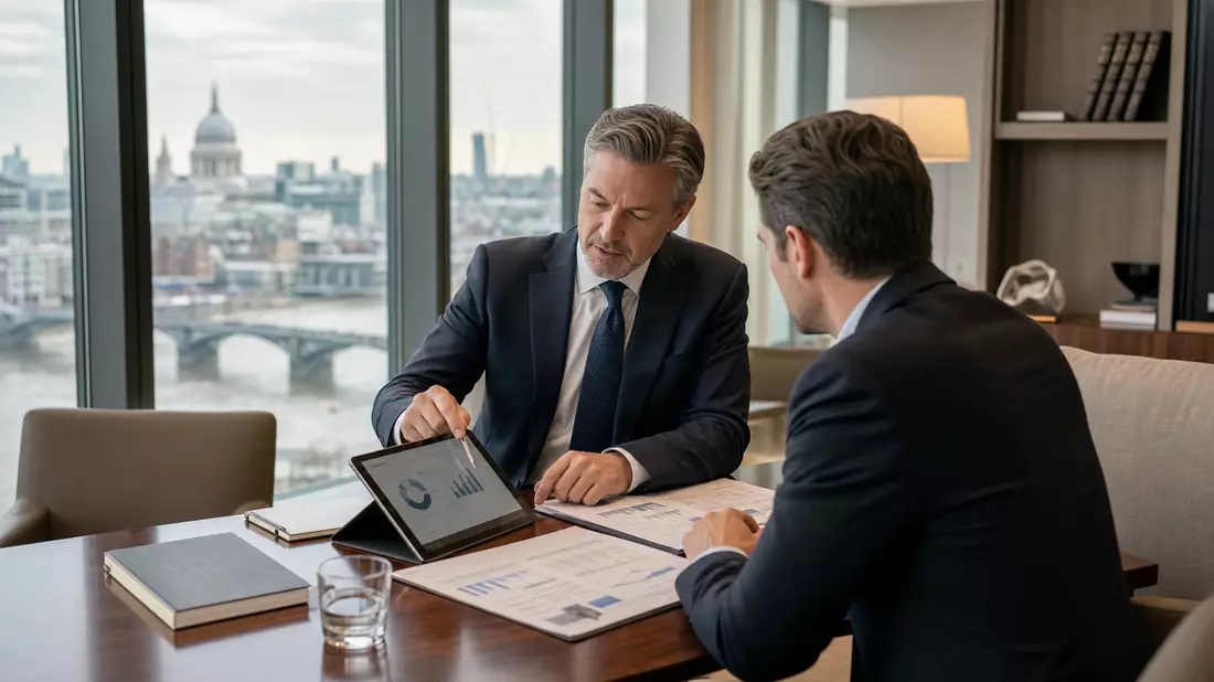 Fotorealistisches Bild eines Wealth-Management-Beratungsgesprächs in modernem Büro, London