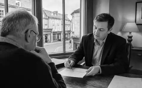 St. James's Place plc GB0007669376 dokumentiert Finanzbranche: Schwarzweiß-Reportage einer Beratungsszene in Cirencester - Foto: THN