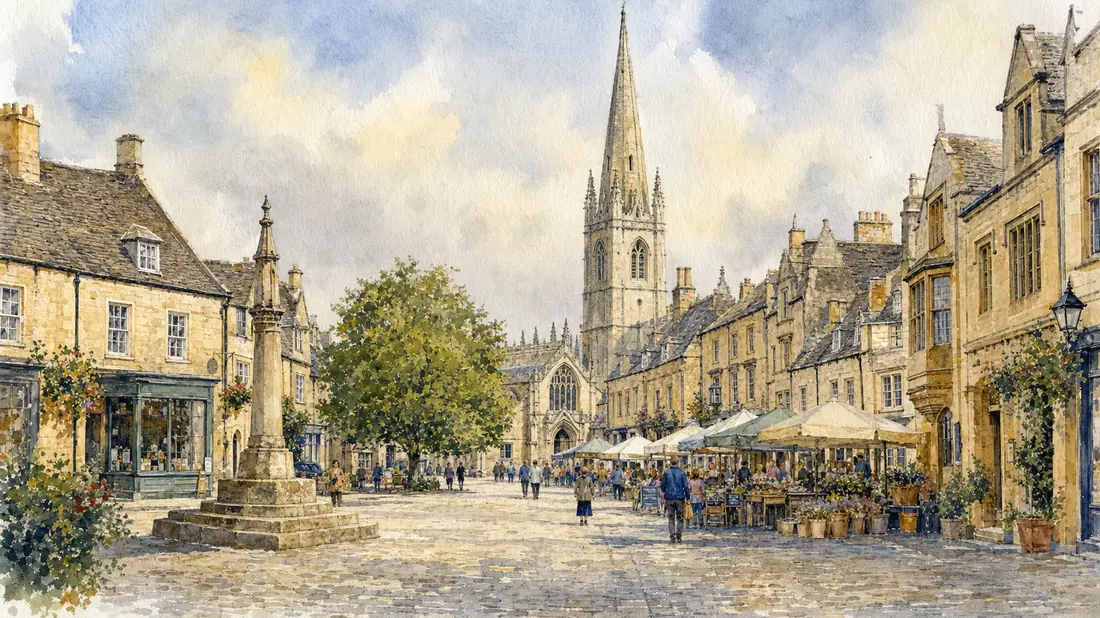 Aquarellmalerei der historischen englischen Marktstadt Cirencester mit Kirche und Marktplatz