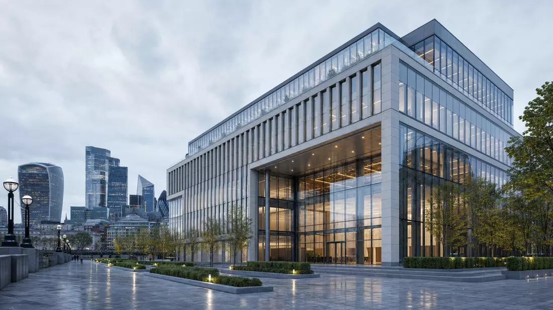Architektonisches 3D-Render eines modernen Bürogebäudes für Finanzdienstleister in London