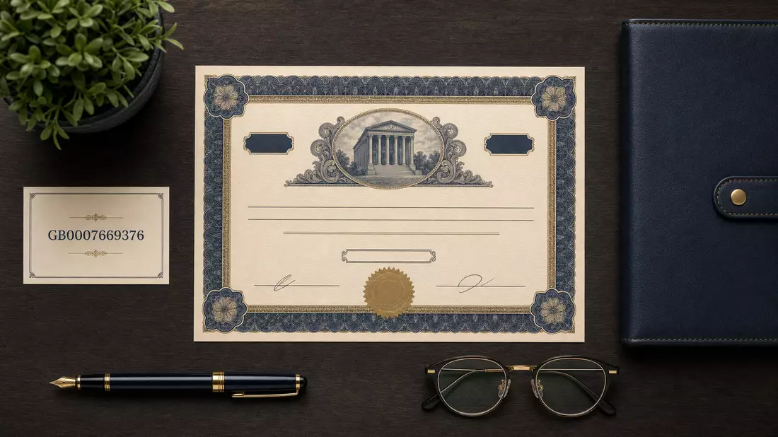 Flatlay-Arrangement mit Aktienzertifikat, ISIN-Karte und Finanzutensilien auf Holztisch