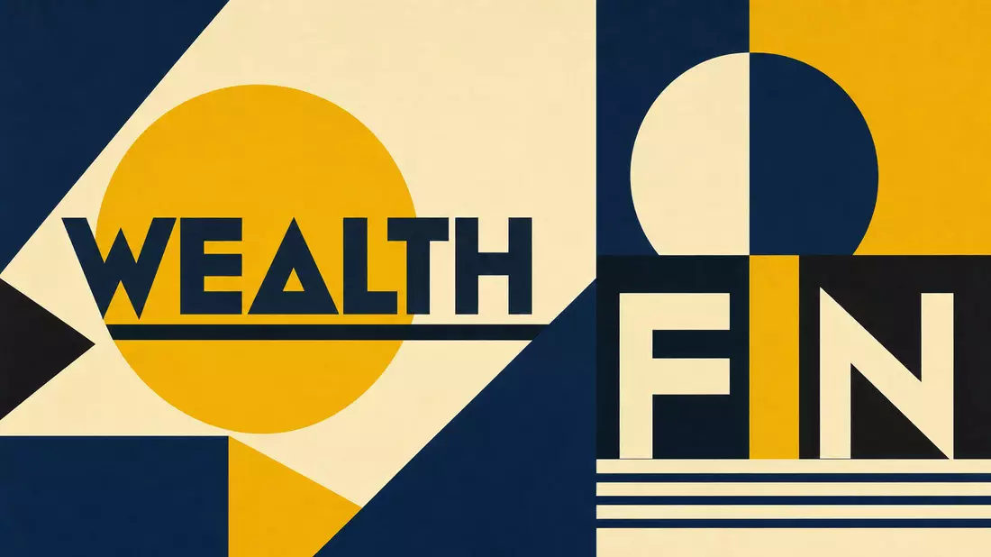 Bauhaus-Stil Poster mit geometrischen Formen und den Wörtern WEALTH und FIN