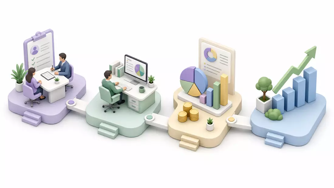 Isometrische 3D-Illustration einer Wertschöpfungskette im Bereich Vermögensverwaltung