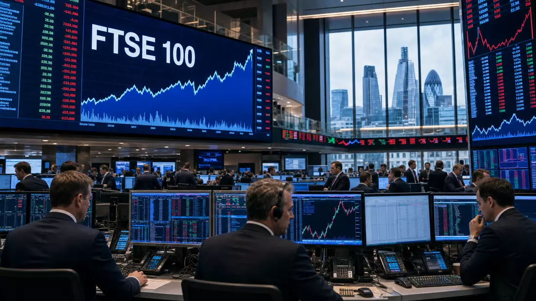 Editorial-Fotografie eines Börsen-Trading-Floors mit FTSE 100 Kursanzeigen und Charts