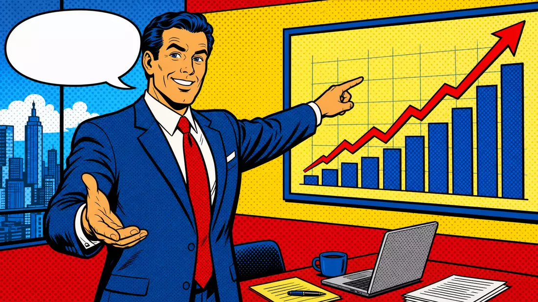 Pop-Art-Comic-Illustration eines Finanzberaters mit ansteigendem Wachstumsdiagramm