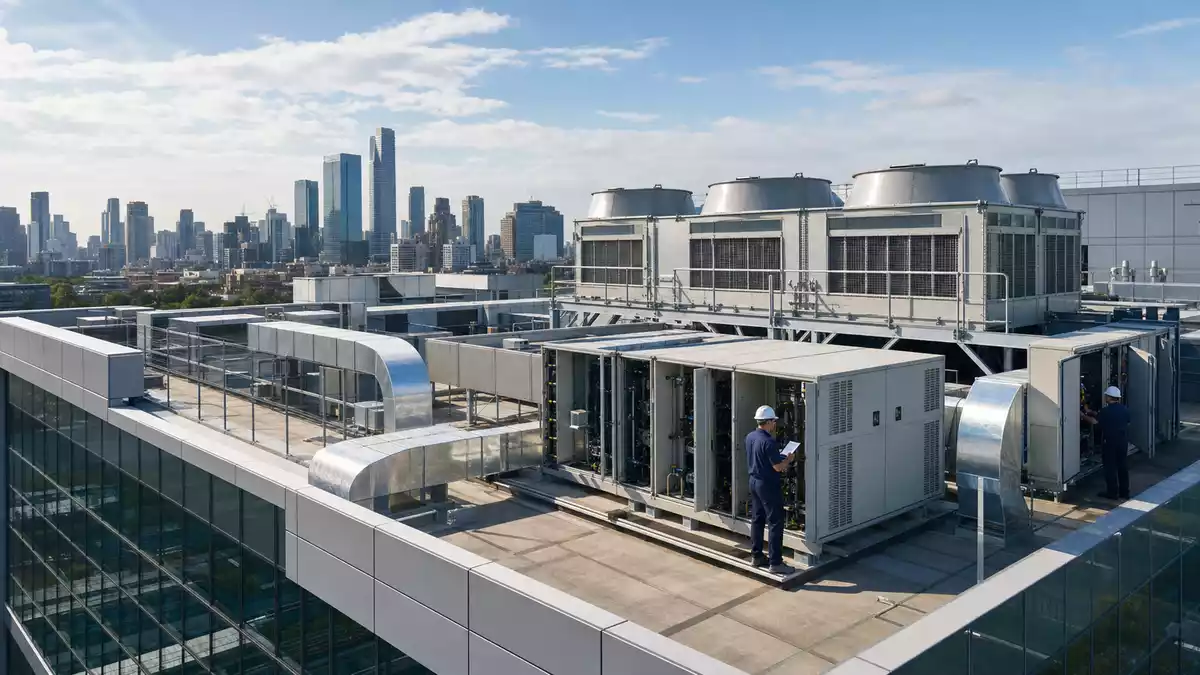 Techniker inspizieren Kühltürme und HVAC-Anlagen auf einem modernen Bürogebäude mit Stadtblick