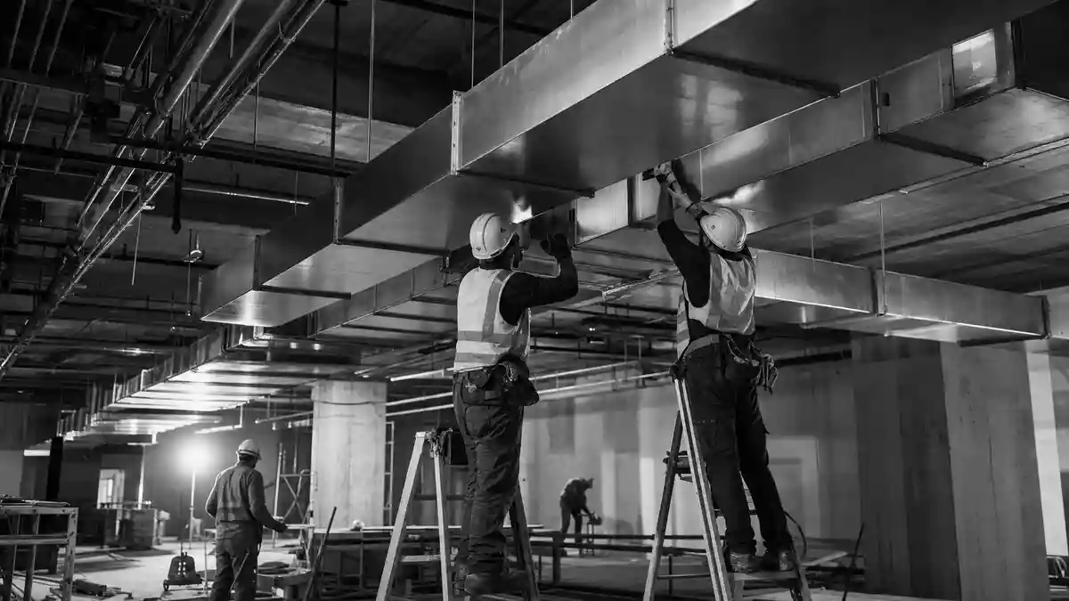 Schwarzweiß-Reportage: Arbeiter montieren Stahlkanäle in einem Gewerbegebäude im Bau