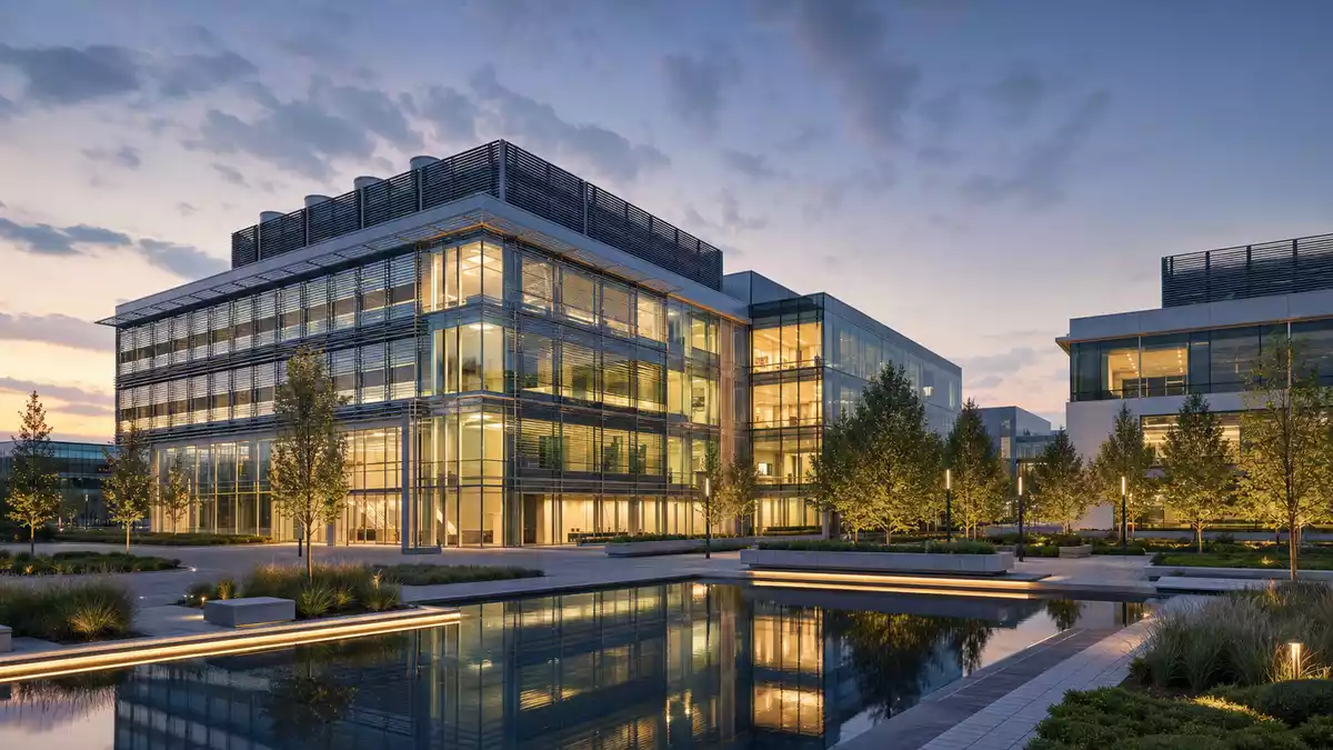 Architektur-Render eines modernen Unternehmensgebäudes mit Spiegelbecken und warmem Innenraumlicht