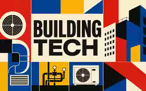 Johnson Controls Bauhaus-Poster mit BUILDING TECH Text geometrischen HVAC-Formen in Primärfarben IE00BY7QL619 - Foto: THN