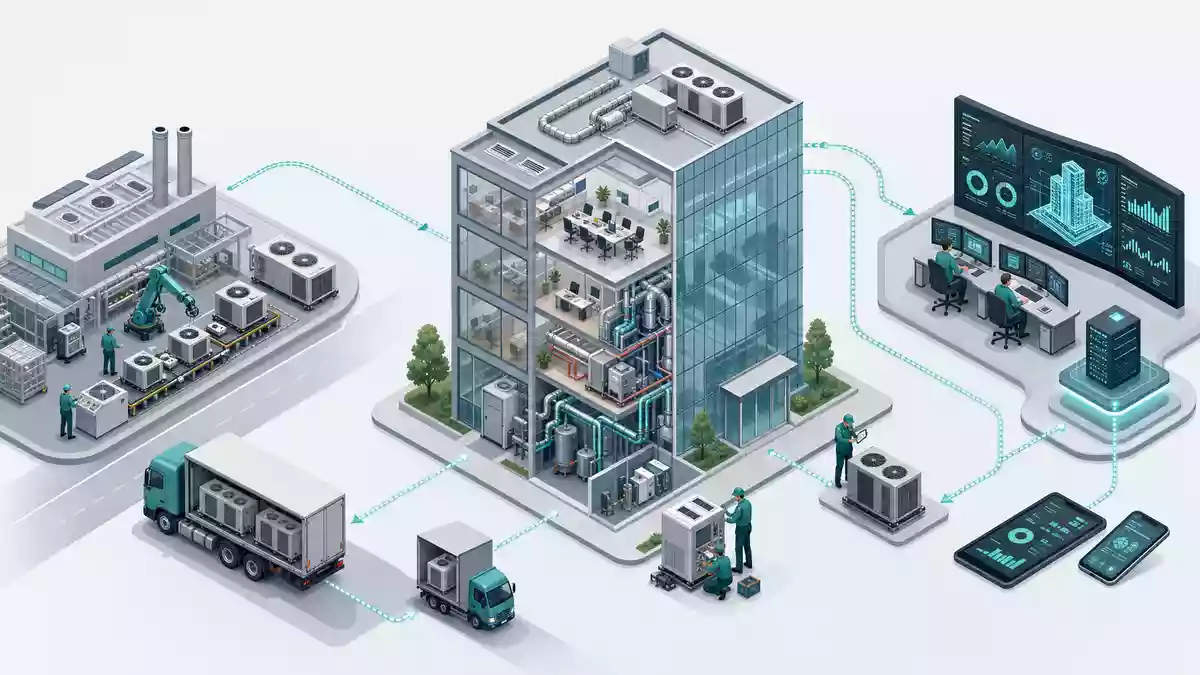 Isometrische 3D-Illustration der HVAC-Wertschöpfungskette von Produktion bis zum Digitalen Gebäudemanagement