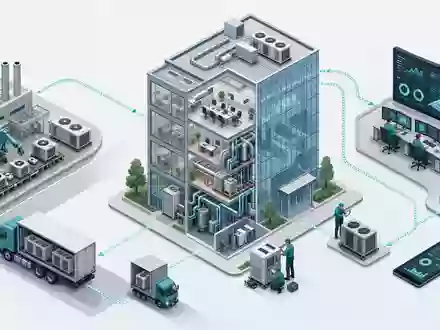 Johnson Controls isometrisches 3D-Diagramm illustriert die gesamte HVAC-Wertschöpfungskette von der Produktion IE00BY7QL619 - Foto: THN
