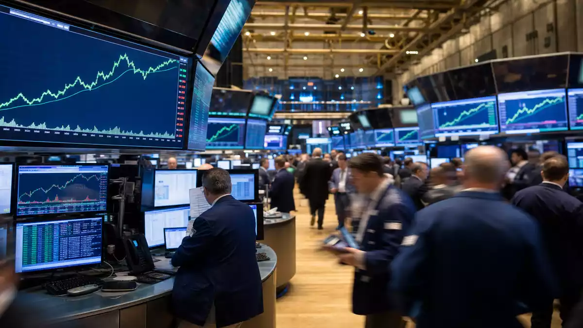 Lebhafter NYSE-Handelsraum mit Händlern und großen Bildschirmen mit grünen Kursdiagrammen