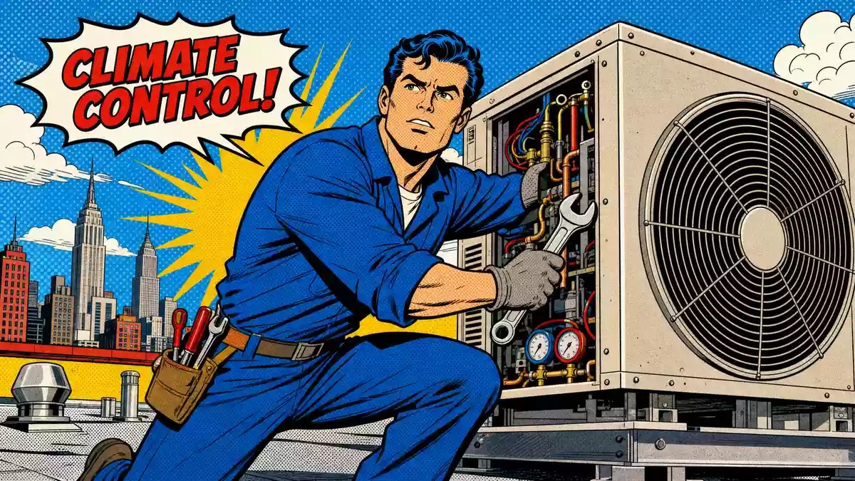 Retro-Comic im Pop-Art-Stil: Techniker mit Schraubenschlüssel repariert HVAC-Gerät auf Hochhausdach