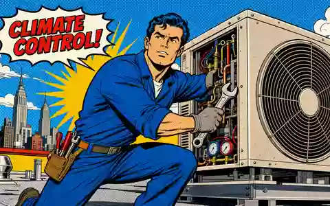 Johnson Controls Pop-Art-Comic zeigt Held der repariert Klimaanlage auf Hochhausdach mit Schraubenschlüssel IE00BY7QL619 - Foto: THN